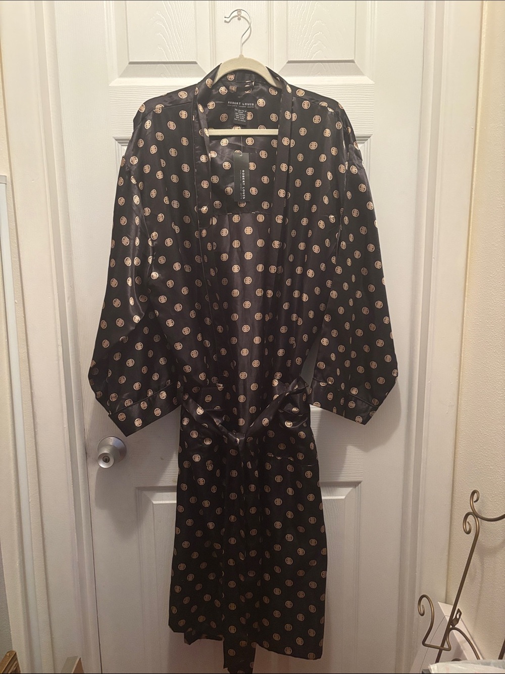 Robert Louis Black Satin Robe with Gold Polka Dots